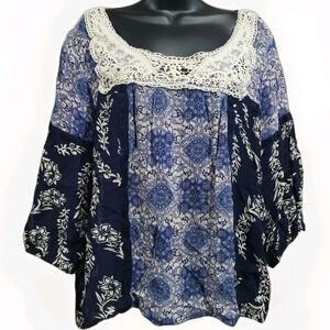 Bila Sheer Boho Peasant Blouse Size L Blue Crochet Neck 3/4 Slv Lightweight